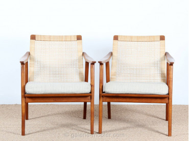 Pair of scandinavian teak and cane-back armchairs 