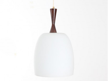 Large mid modern danish ceiling lamp in opal glass and teak