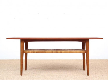 Table basse scandinave en teck, chêne et cannage