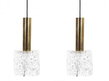 Mid century modern pair of pendant lamps in glass and brass by Carl Fagerlund